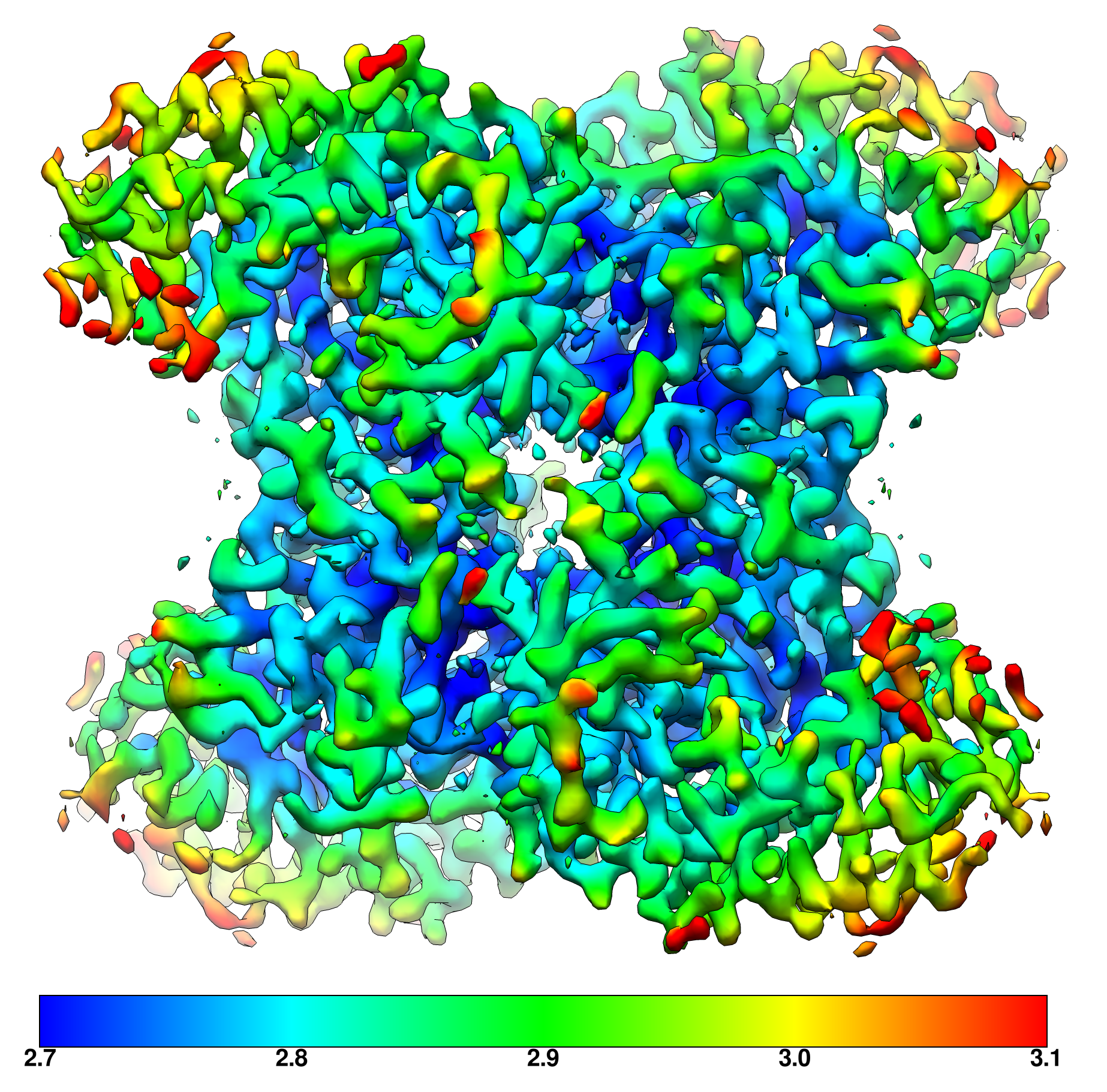 Aldolase resolved to 3.07 Å at 100 keV.